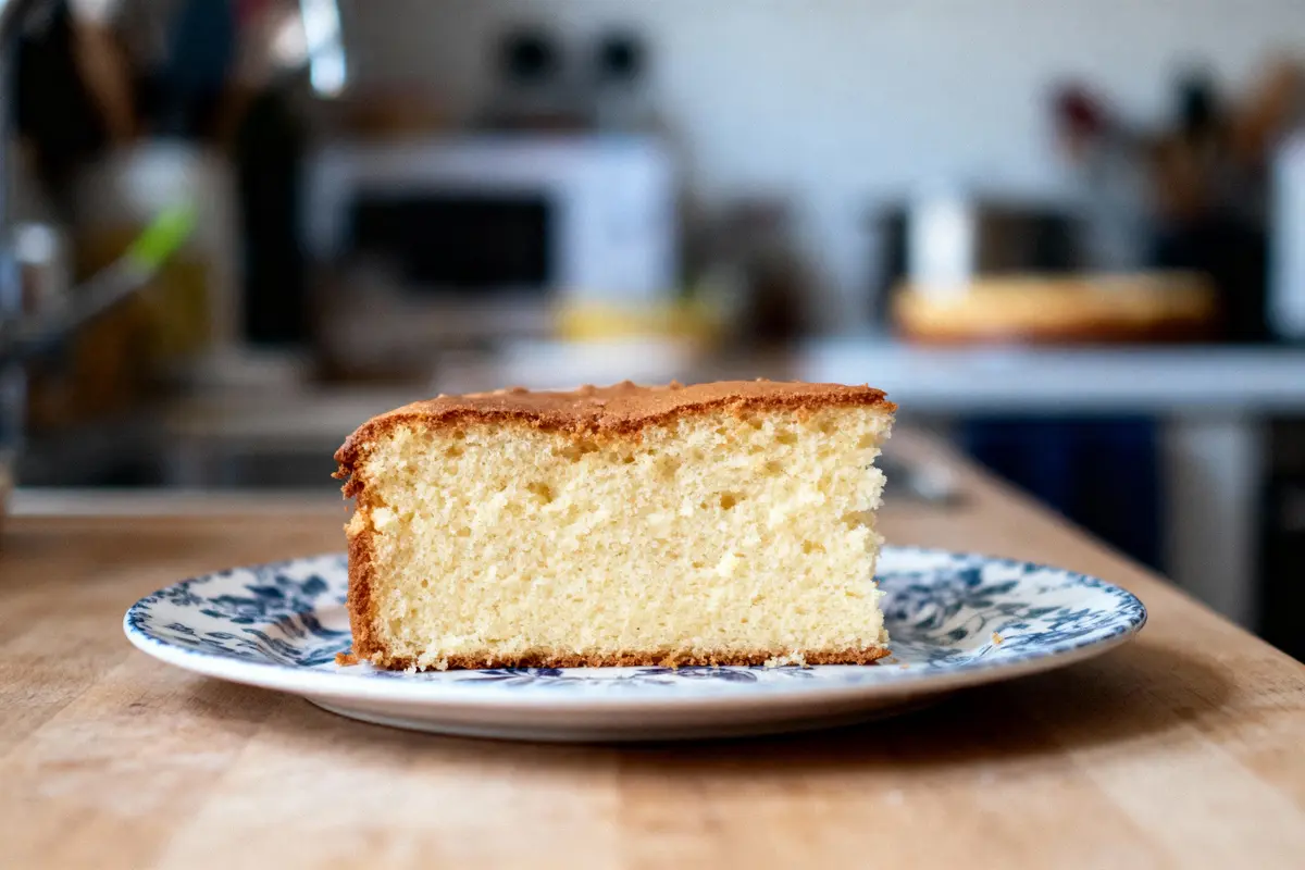 Gâteau moelleux tranché sur assiette en céramique bleu et blanc, cuisine floue en arrière-plan.