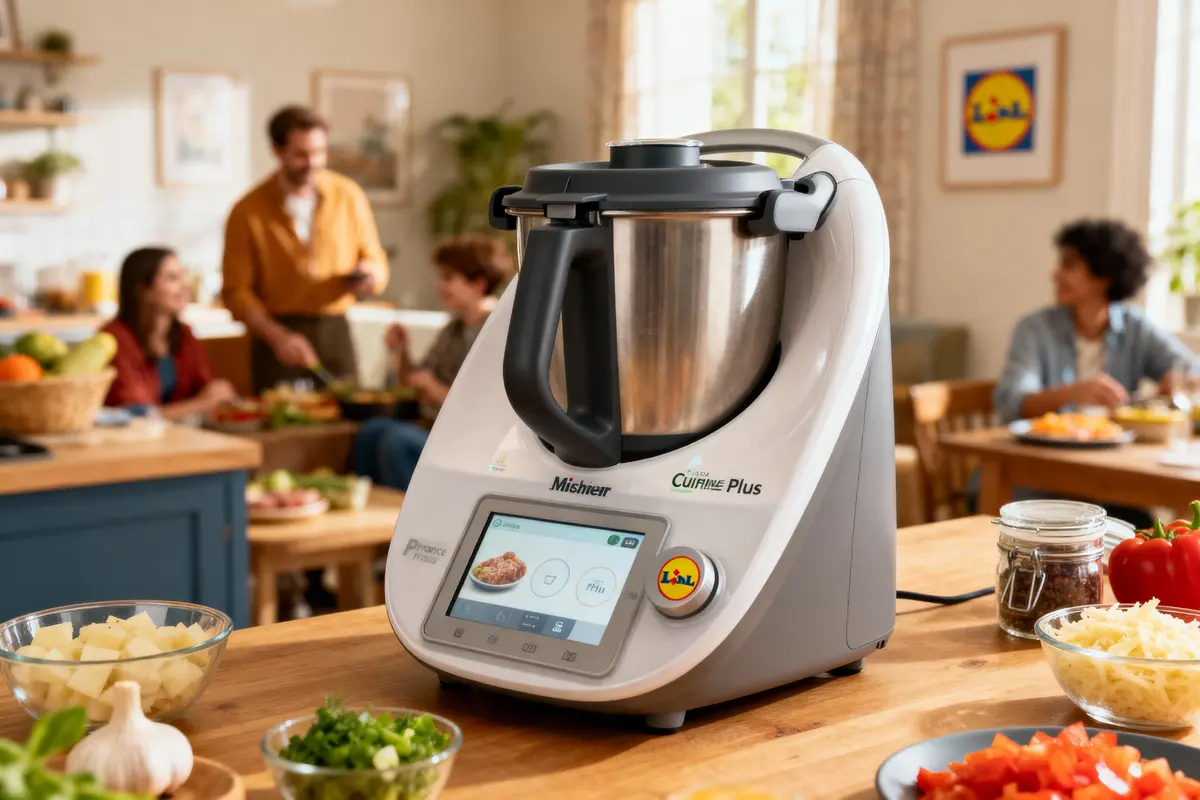 Robot cuiseur sur table, personnes discutant en arrière-plan, légumes et ingrédients autour. Ambiance conviviale.