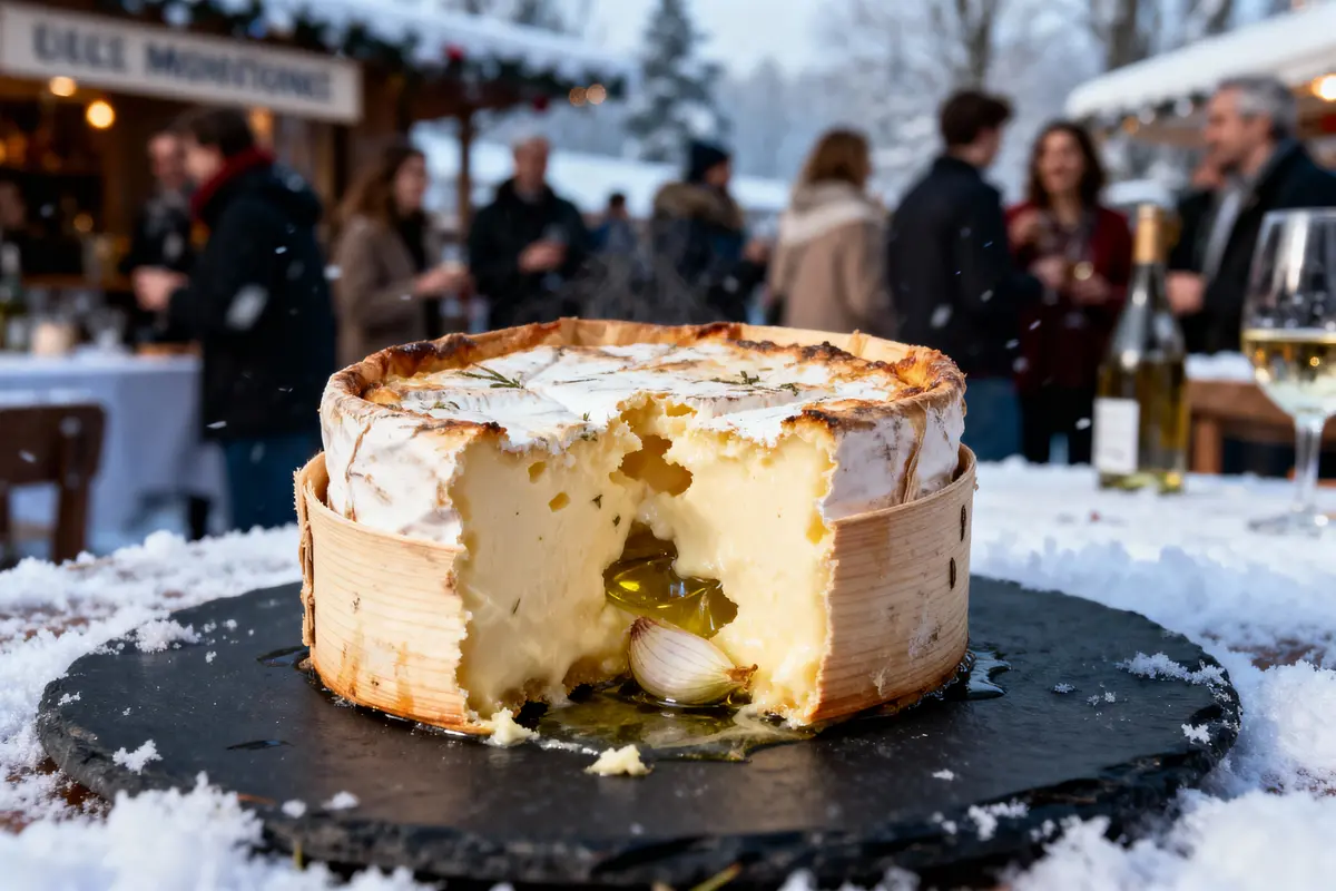 Fromage coulant dans une boîte en bois, neige, boissons et personnes floues en arrière-plan.