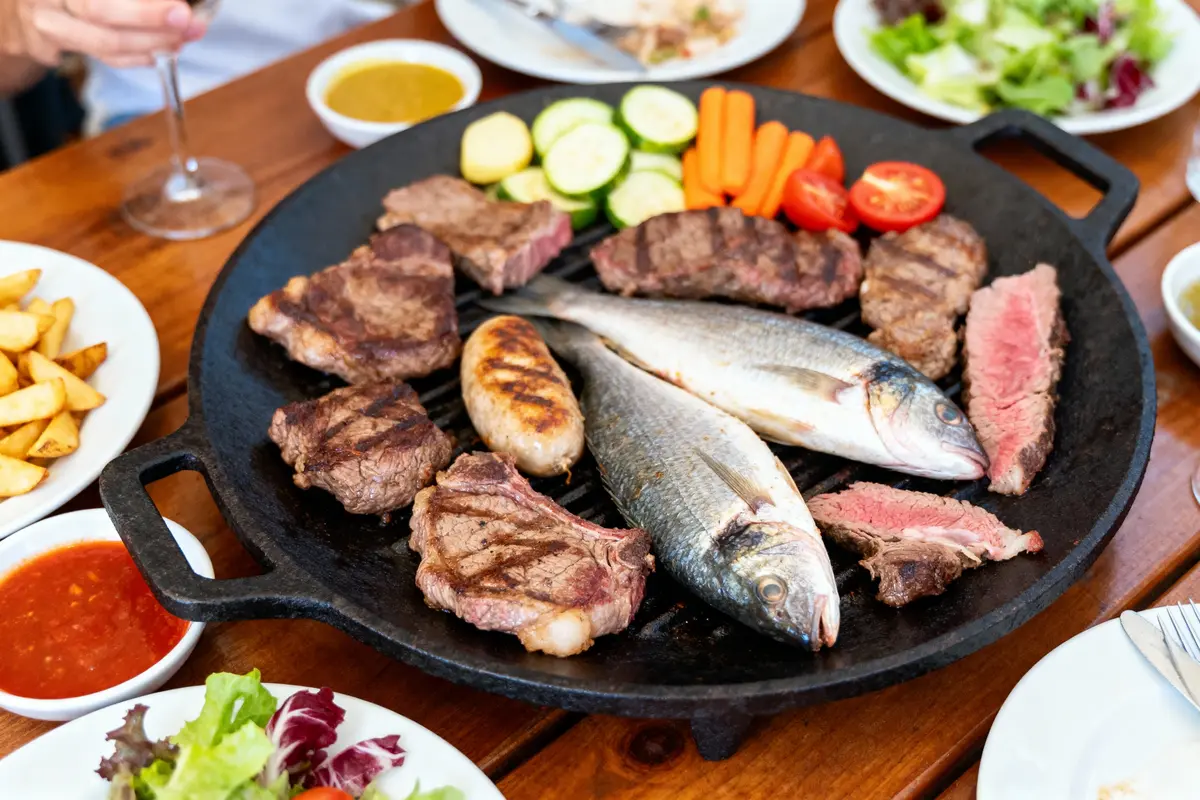 Plateau de barbecue avec viandes, poisson, saucisse, légumes; accompagnements de salade, frites, sauces sur table en bois.