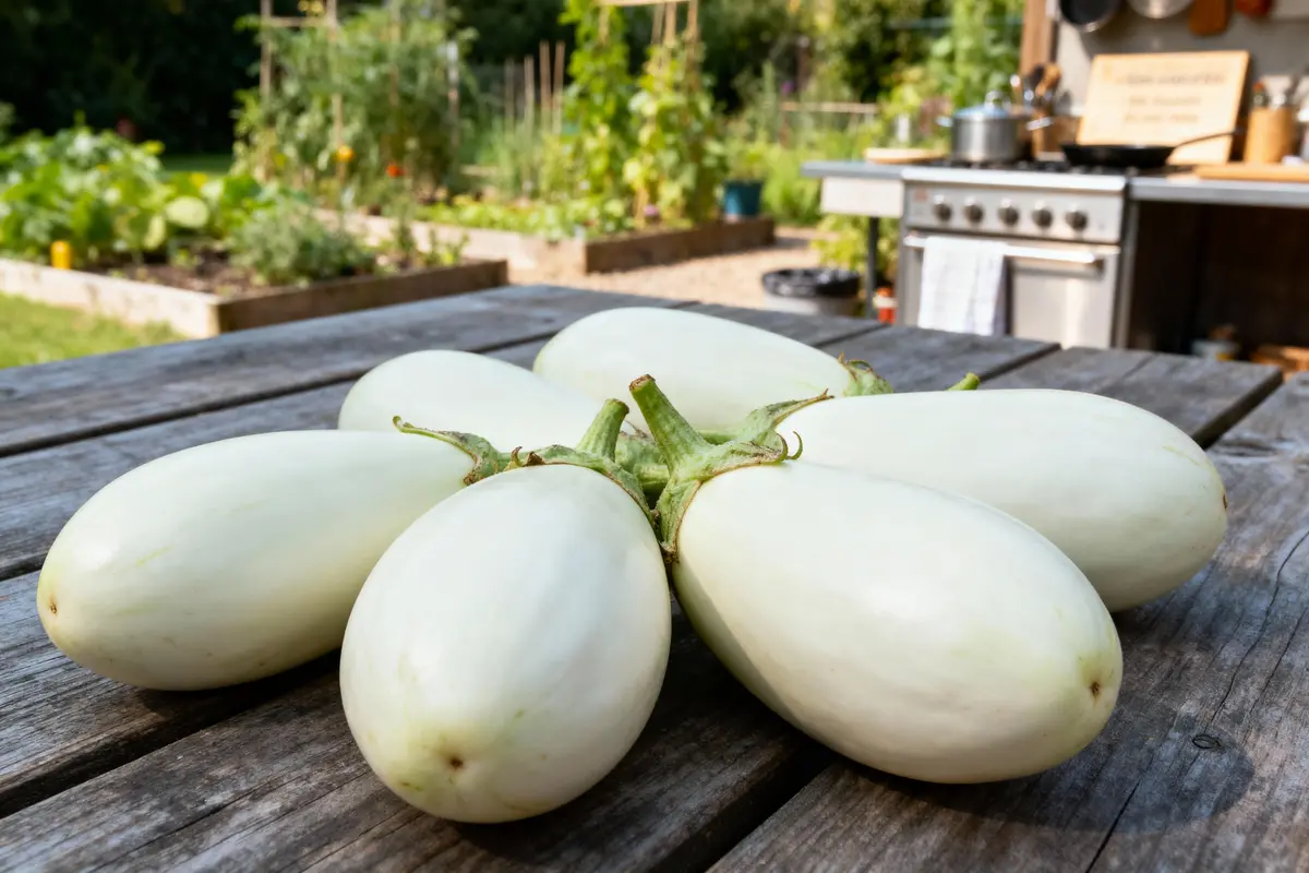 Six aubergines blanches sur table en bois, jardin et cuisine extérieure en arrière-plan.