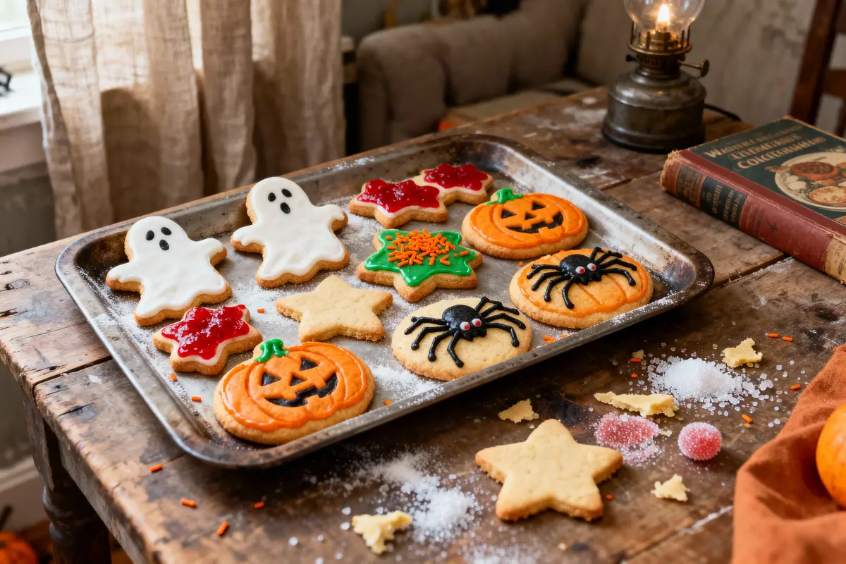Biscuits décorés Halloween : fantômes, citrouilles, araignées, étoiles, sur plateau, table en bois, livre ancien, ambiance rétro.