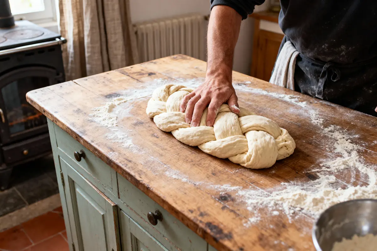 Personne travaillant une pâte tressée sur une table en bois dans une cuisine rustique.