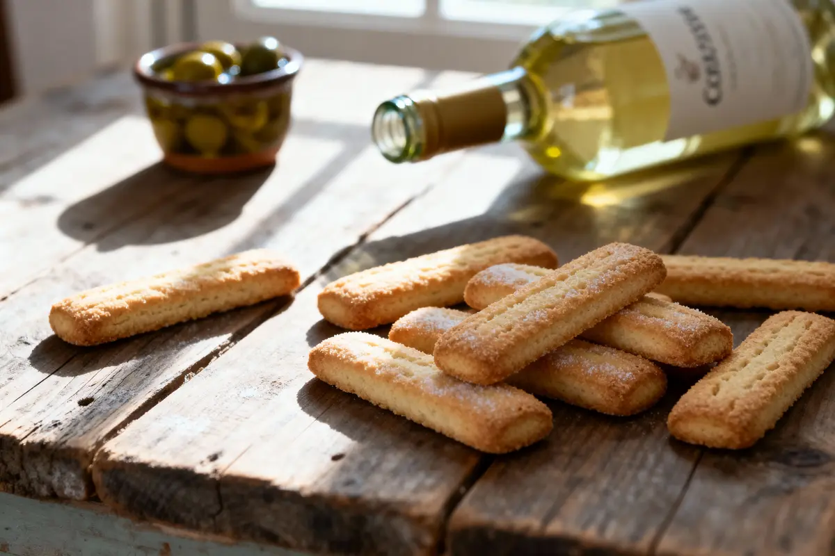 Biscuits sur table en bois, bouteille de vin blanc, bol d'olives en arrière-plan. Lumière naturelle.