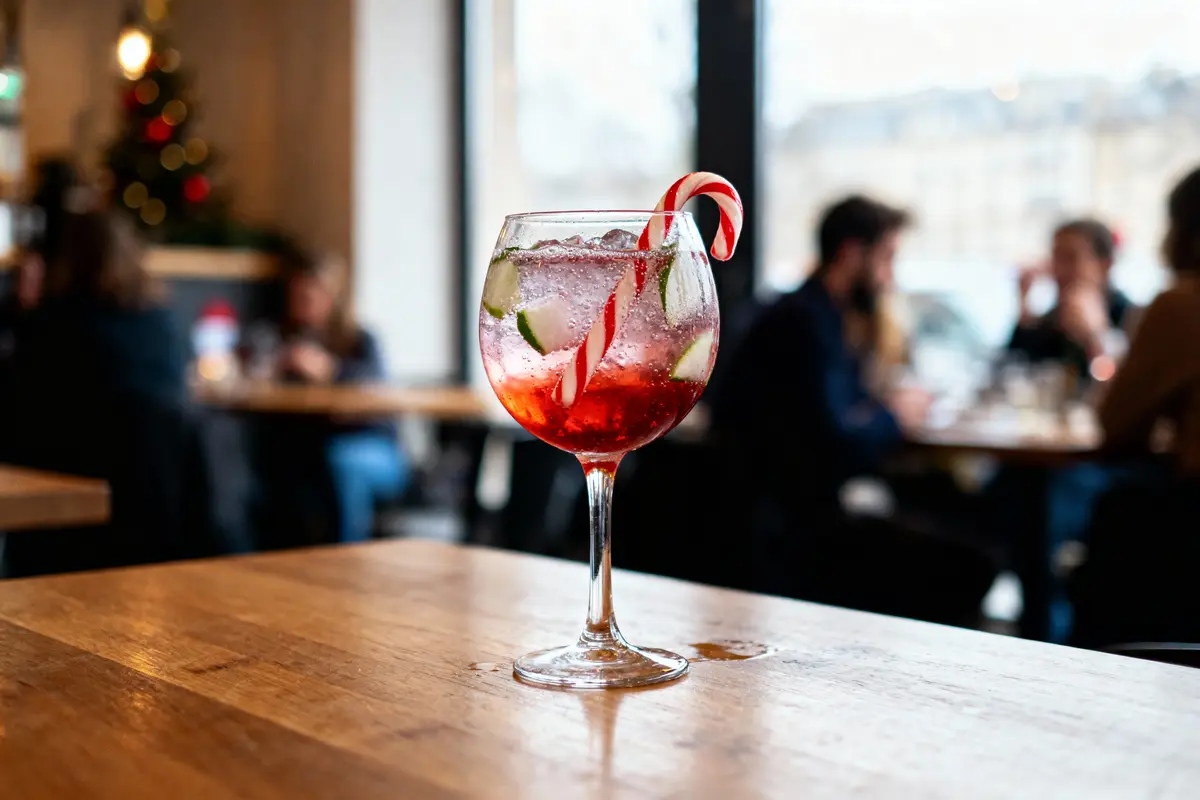 Verre de cocktail festif avec sucre d'orge, rondelles de lime, sur table en bois, ambiance de café.
