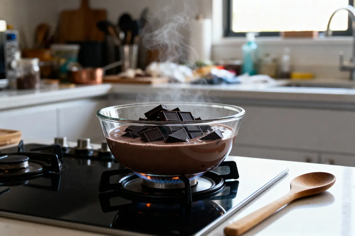 Bol de chocolat fondu avec morceaux de chocolat fondants sur plaque de cuisson, cuillère en bois à côté.