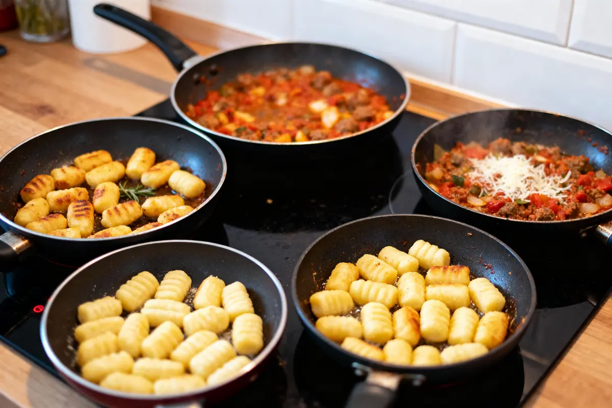 Cinq poêles sur une cuisinière, quatre avec gnocchis dorés, une avec sauce tomate et fromage râpé.