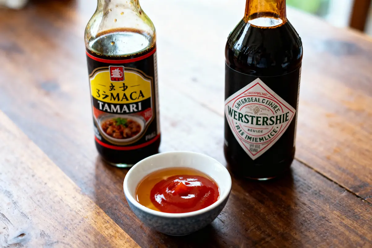 Bouteilles de sauces tamari et Worcestershire, bol de ketchup, sur une table en bois.