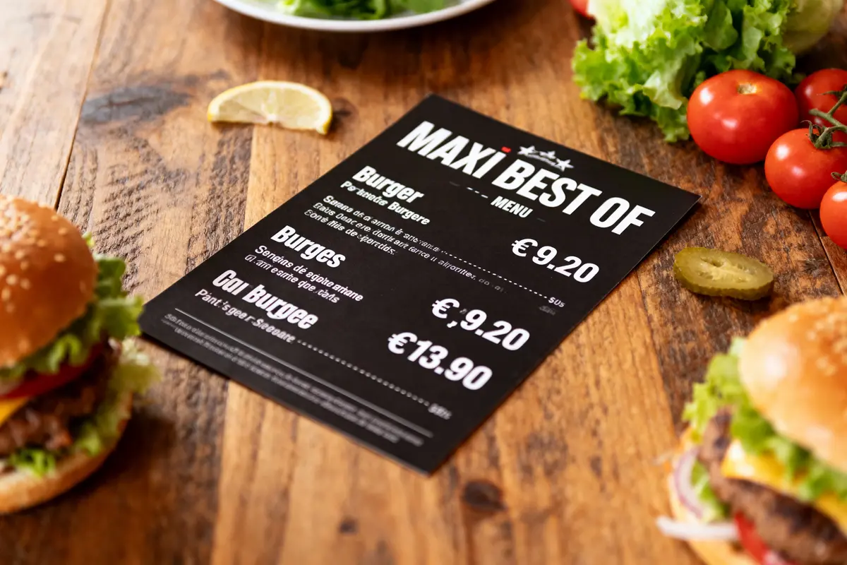 Menu "Maxi Best Of" avec burgers sur table en bois, accompagnés de légumes frais et assiette citronnée.
