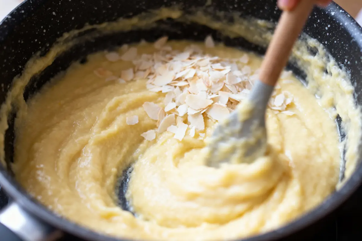 Personne mélange pâte épaisse avec des flocons de noix de coco dans une casserole noire.
