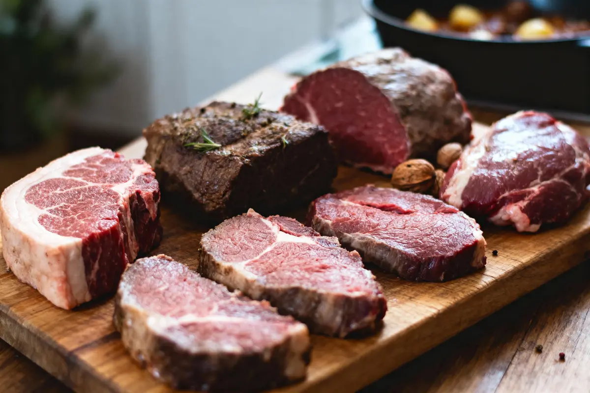 Différentes pièces de viande crue et cuite disposées sur une planche en bois, avec quelques épices.