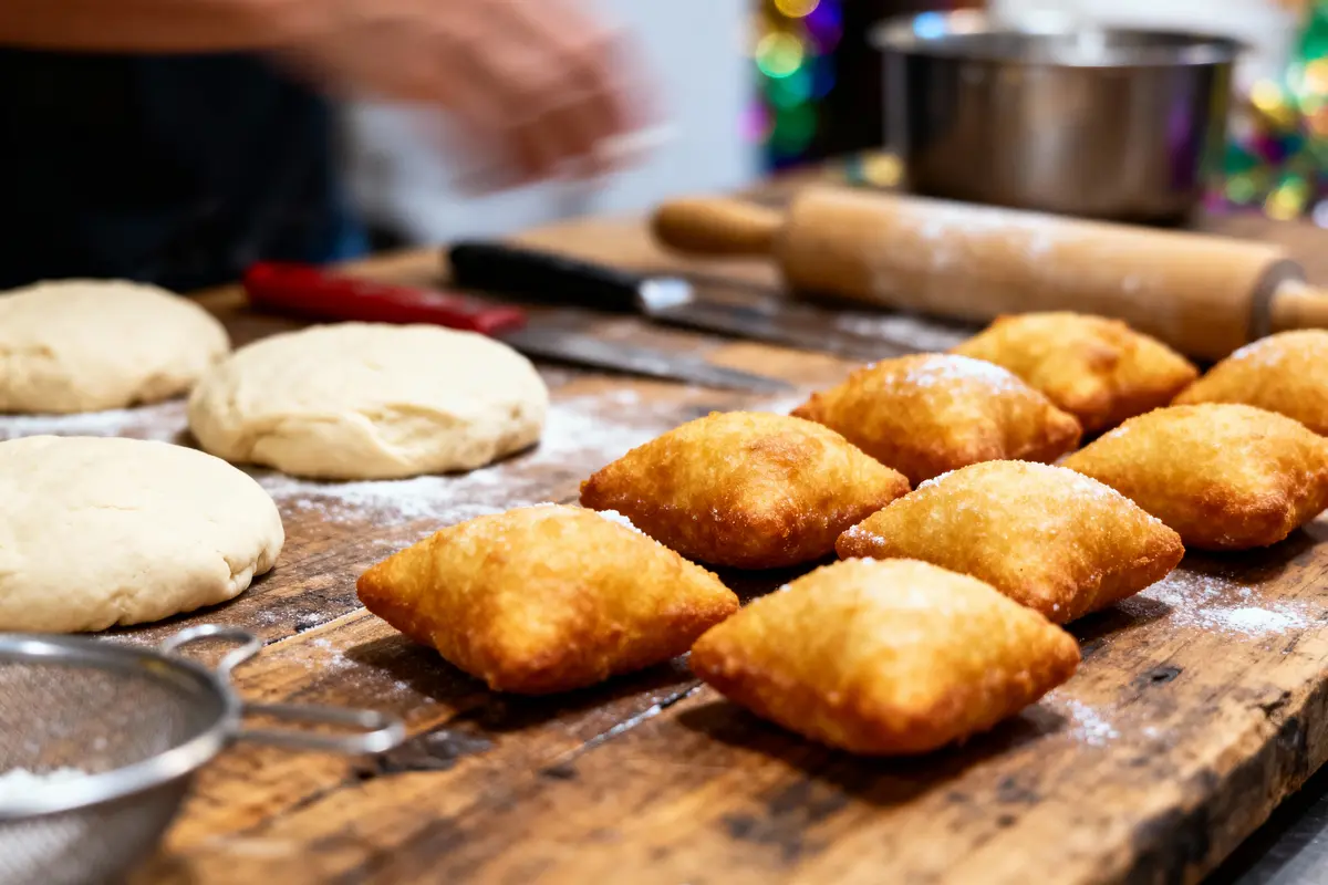Boules de pâte et beignets dorés sur table en bois avec ustensiles de cuisine en arrière-plan.