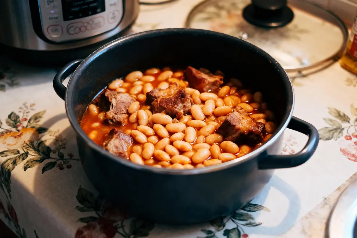 Cocotte avec morceaux de viande et haricots blancs en sauce sur table fleurie, cuiseur visible en arrière-plan.