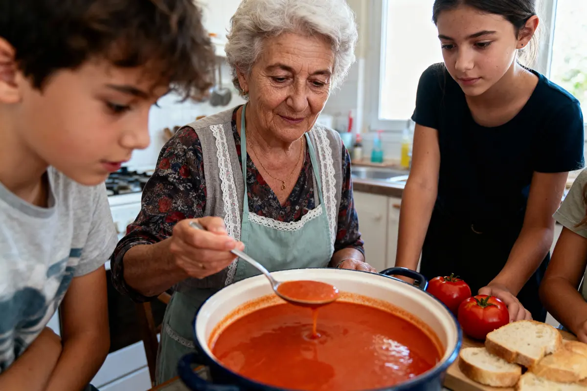 Une grand-mère cuisine une soupe tomate, entourée de deux enfants attentifs.