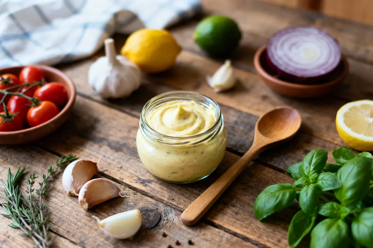 Pot de mayonnaise sur table avec tomates, ail, citron, oignon, lime, basilic, romarin, cuillère en bois.