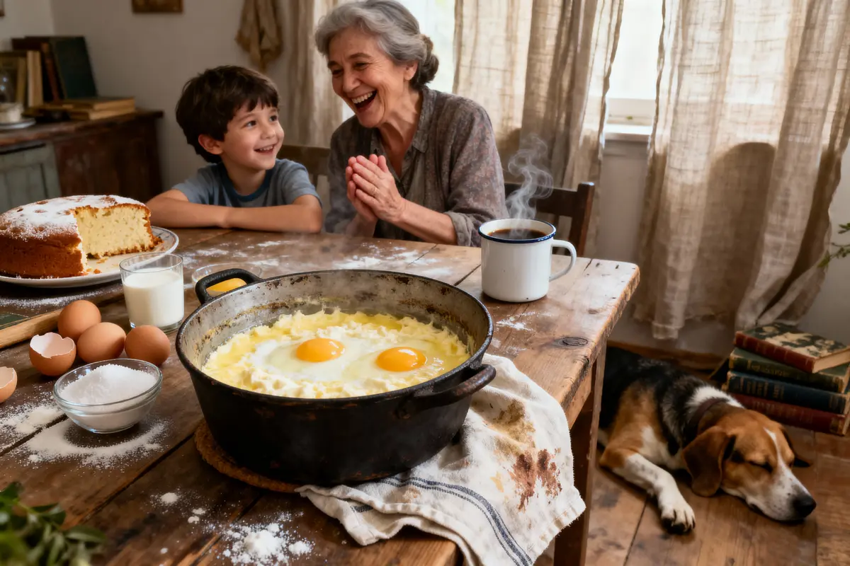 Grand-mère et enfant souriants, table avec œufs, gâteau, café, chien dormant au sol, ambiance chaleureuse.