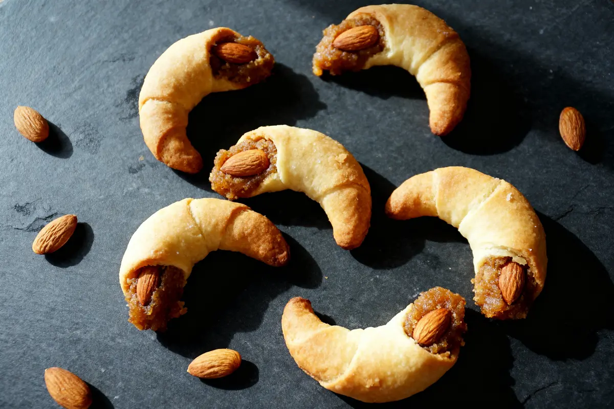 Cinq croissants aux amandes sur table noire, éclairés par la lumière du soleil, avec amandes dispersées.