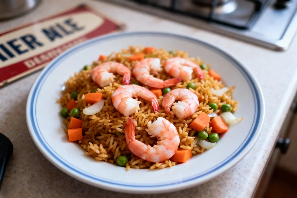 Assiette de riz frit avec crevettes, carottes, petits pois et oignons, placée sur le comptoir de cuisine.