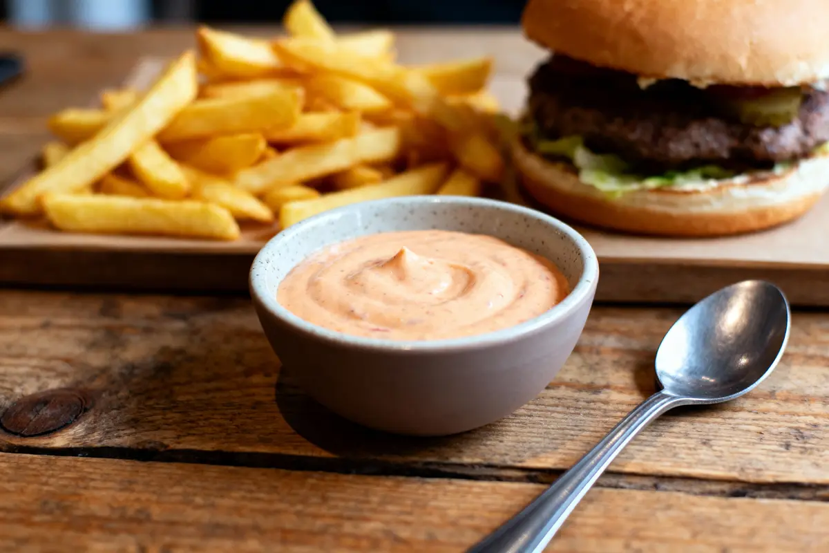 Bol de sauce, burger et frites sur planche en bois, cuillère à proximité.