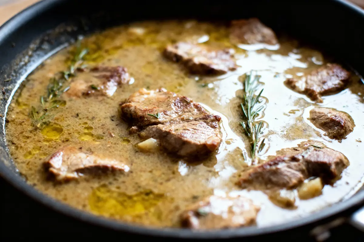 Tranches de viande mijotant dans une sauce crémeuse, garnies de romarin dans une poêle noire.