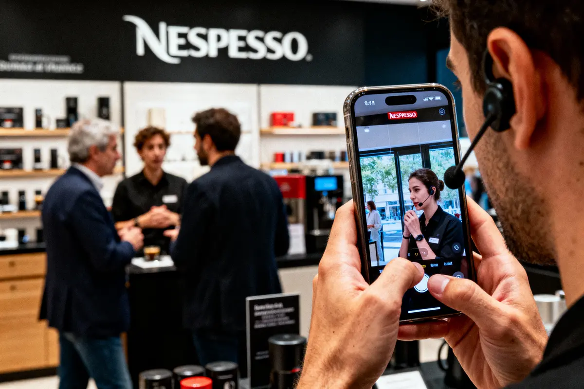 Personne filmant une présentation dans un magasin Nespresso avec son smartphone, trois personnes discutent à l'arrière-plan.