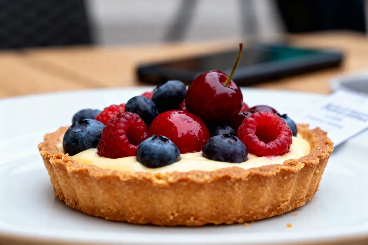Tarte aux fruits avec myrtilles, framboises et cerises sur une assiette blanche, arrière-plan flou.