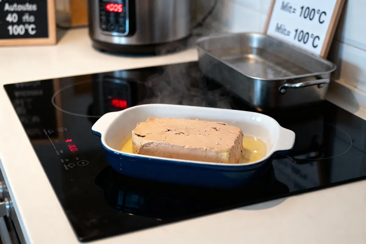 Plat blanc et bleu contenant du foie gras, cuisson sur une plaque vitrocéramique, avec vapeurs visibles.
