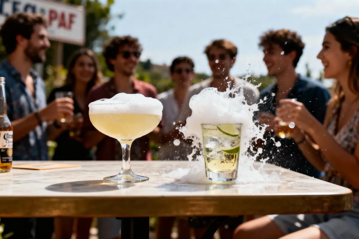 Verres de cocktails éclaboussants sur table, avec groupe de personnes souriantes et en toile de fond en plein air.