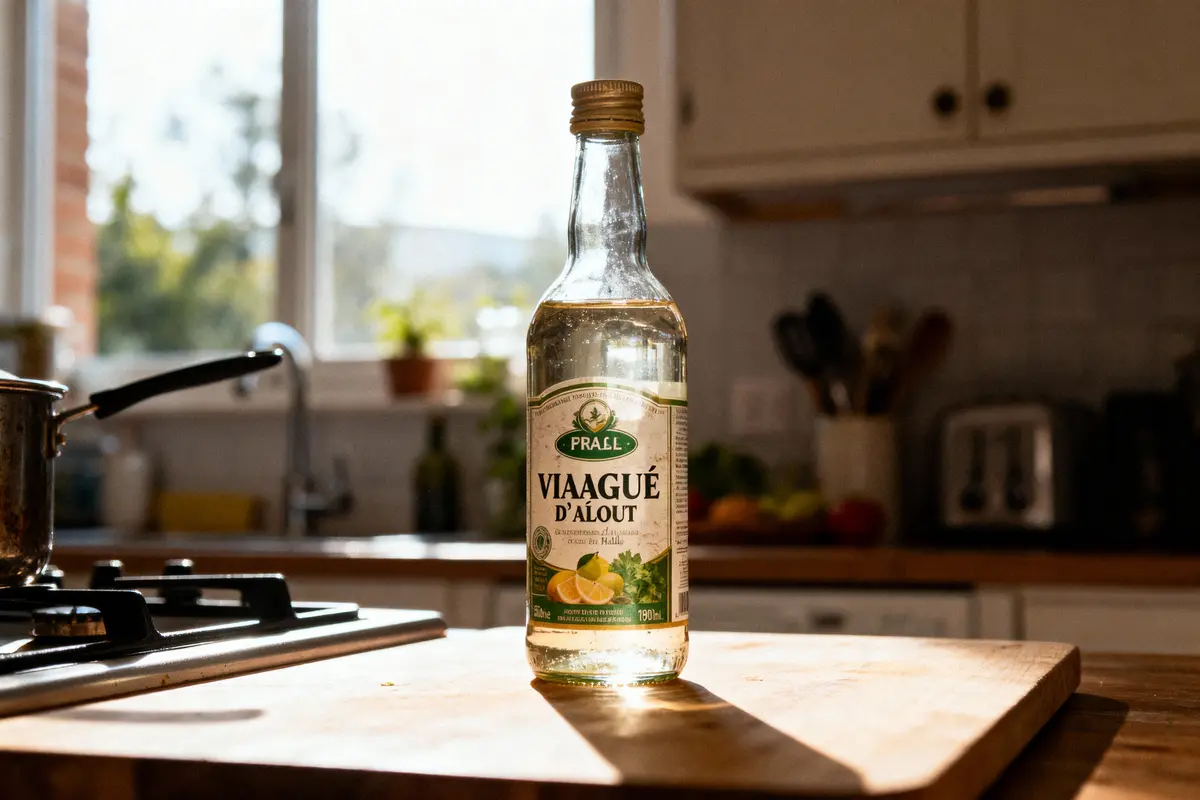 Bouteille de vinaigre sur planche à découper dans une cuisine ensoleillée, fenêtres et ustensiles visibles.