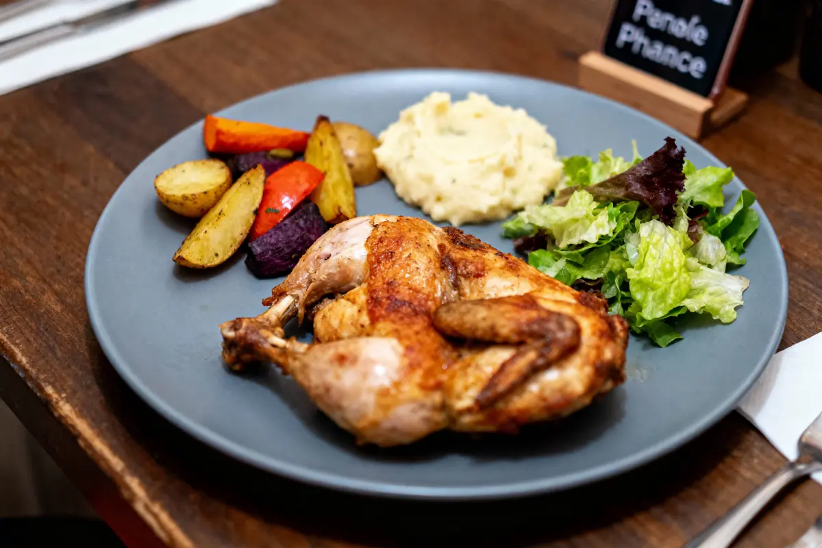 Assiette avec poulet rôti, pommes de terre, légumes variés, purée et salade, sur table en bois.
