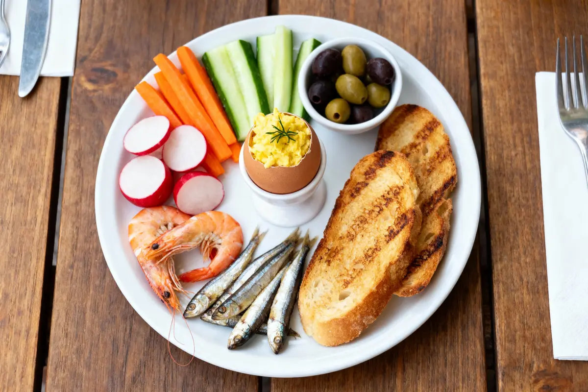 Assiette avec légumes, crevettes, sardines, œuf à la coque, olives et pain grillé sur table en bois.