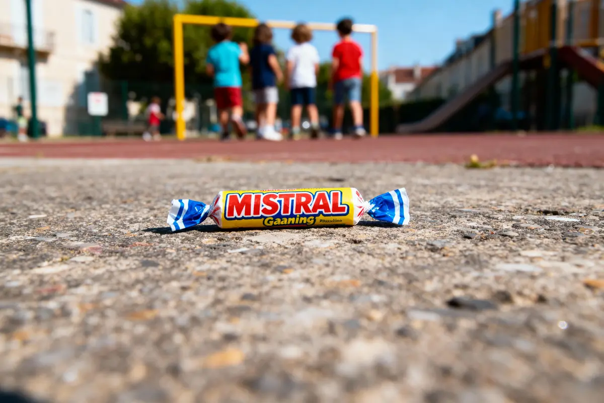 Bonbon Mistral sur sol asphalté, enfants jouant au loin dans une cour d'école en arrière-plan.