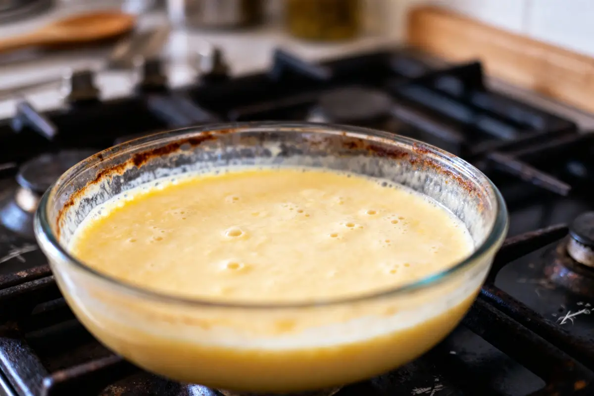 Mélange crémeux dans un bol en verre sur une cuisinière, surface légèrement dorée et bulles visibles.