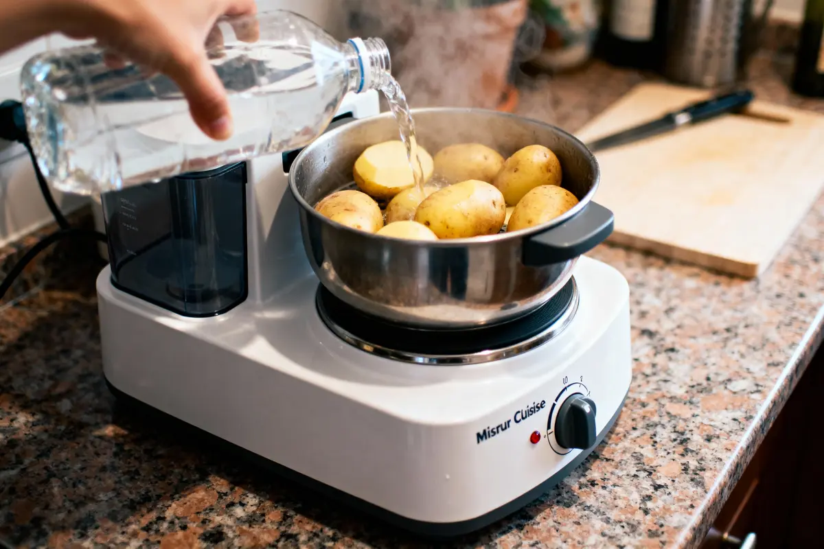 Main versant eau sur pommes de terre dans une marmite chauffante sur plan de travail de cuisine.