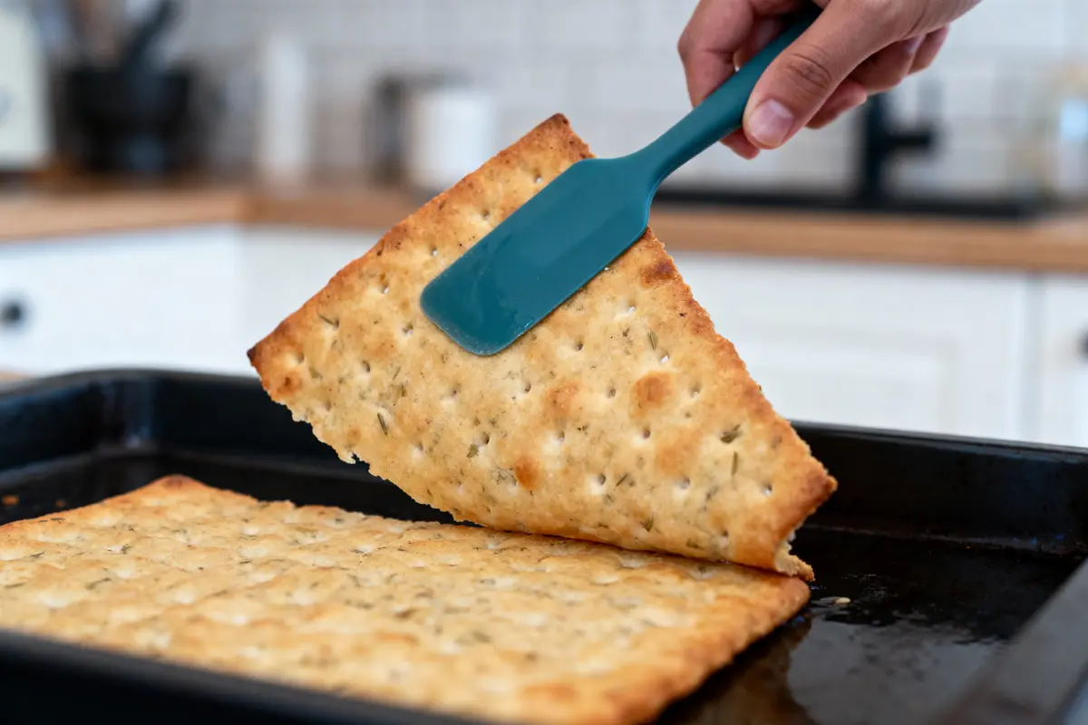 Main tient spatule bleue soulevant une grande pâte cuite dorée dans un plat noir.