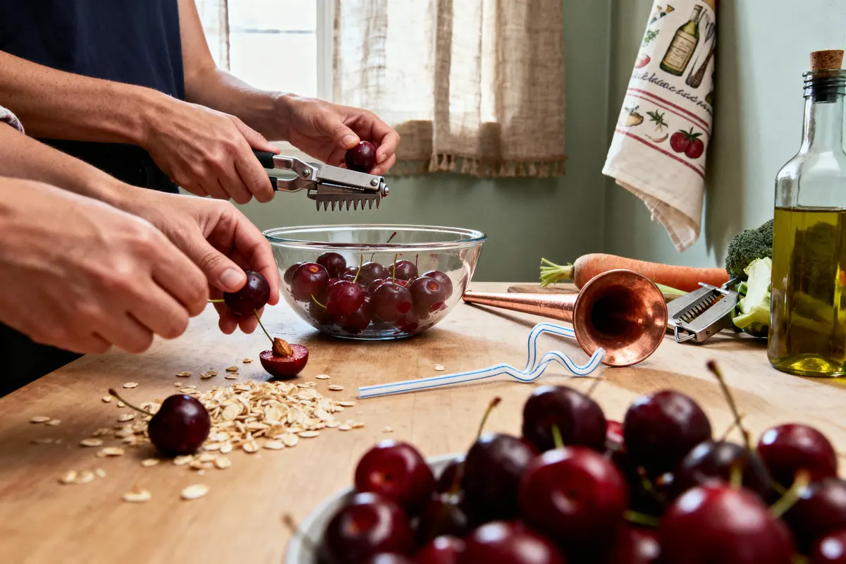 Mains dénoyautant des cerises sur table de cuisine, avec ustensiles, avoine, huile et légumes en arrière-plan.