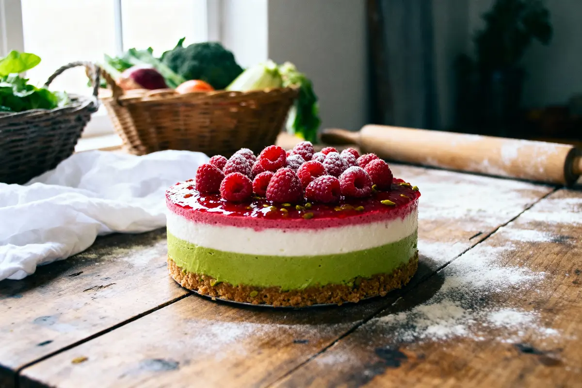 Gâteau à trois couches décoré de framboises; fond de cuisine rustique avec paniers de légumes.