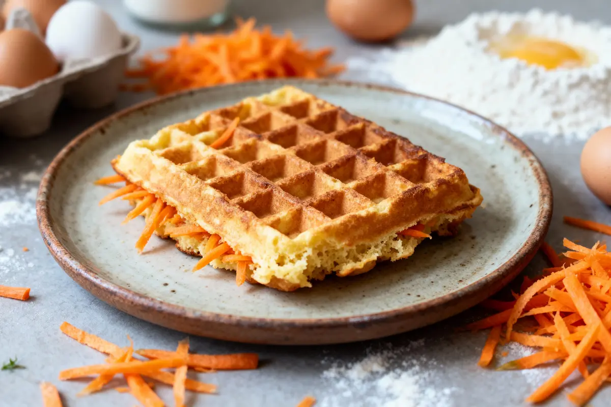 Gaufre salée avec carottes râpées sur assiette, entourée d'œufs, farine et carottes.