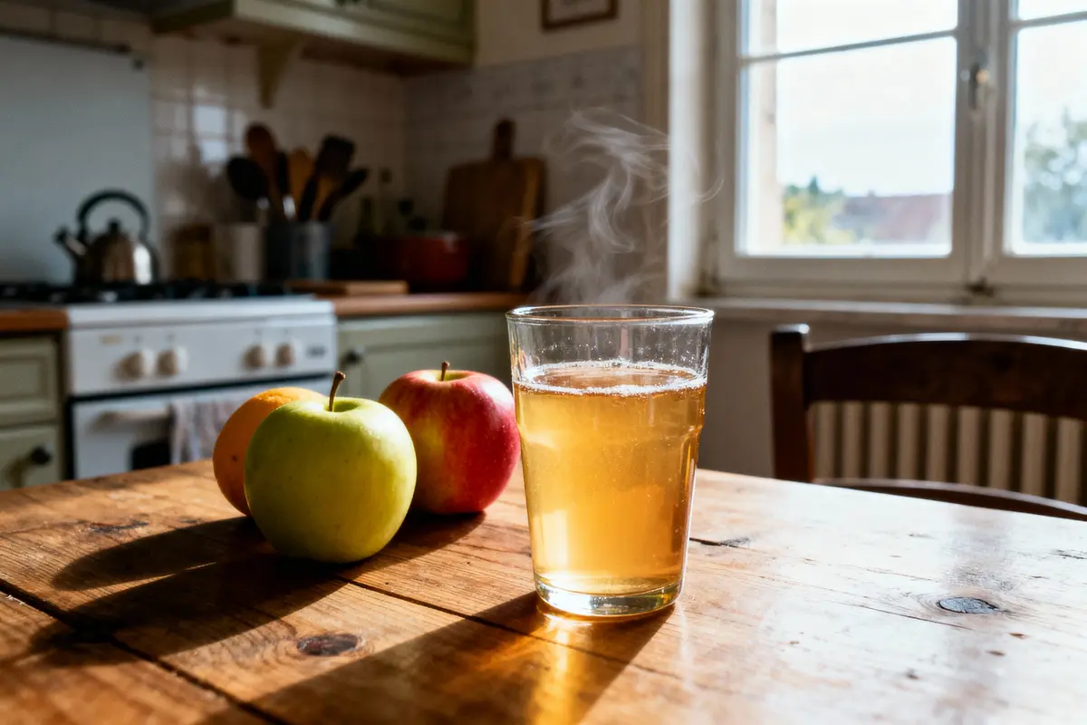 Verre de cidre fumant sur table en bois, avec pommes et cuisine en arrière-plan ensoleillé.
