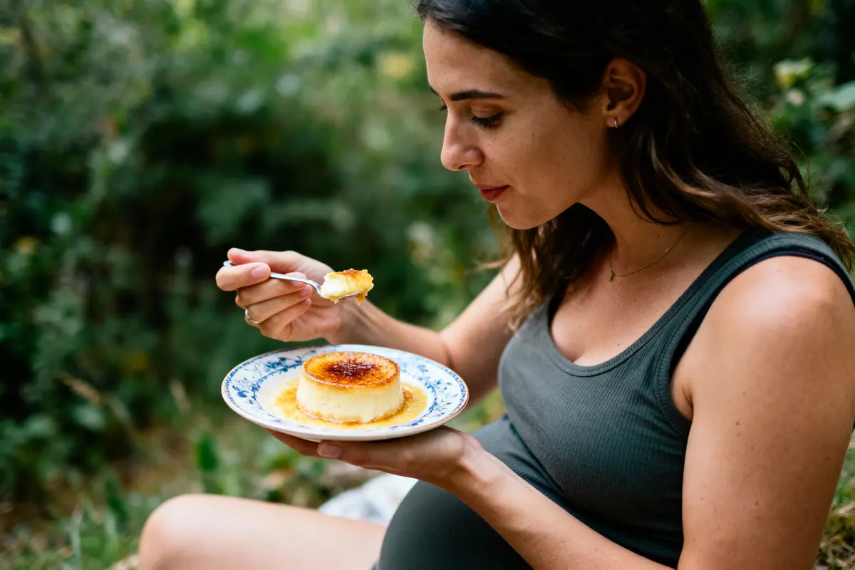 Une femme enceinte mange un flan caramélisé dans un jardin, assise, portant une robe grise.
