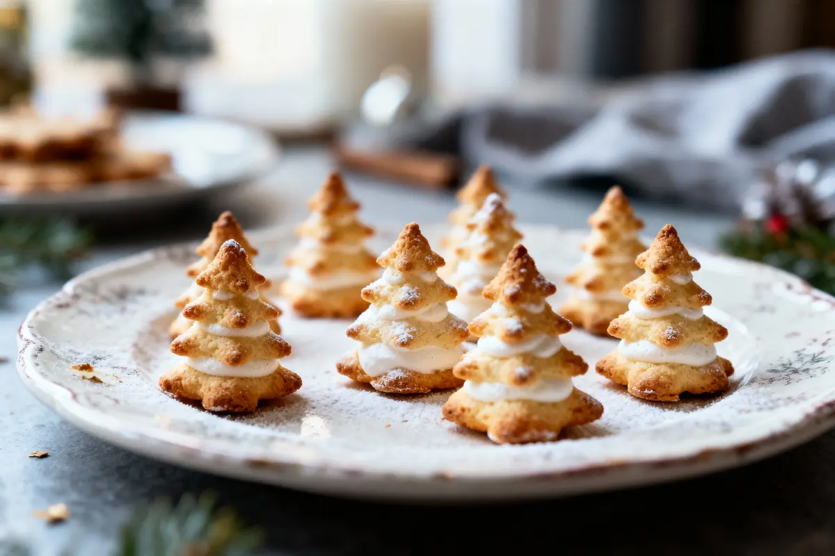 Petits gâteaux en forme de sapin de Noël, garnis de crème, sur une assiette décorée.