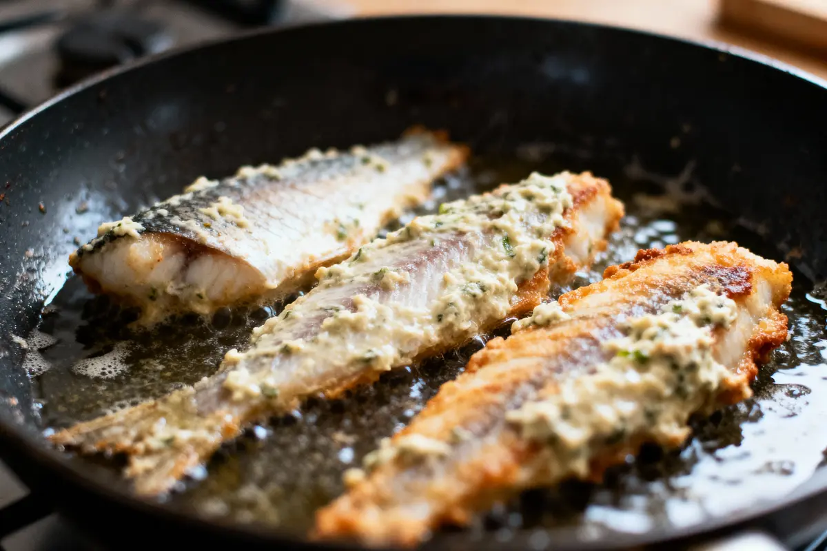 Trois filets de poisson cuisinés dans une poêle avec une sauce crémeuse aux herbes.