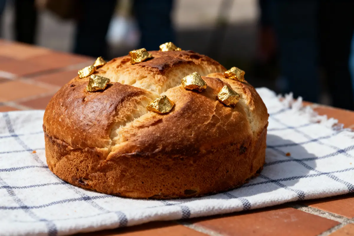 Gâteau sec rond avec morceaux dorés, posé sur torchon à carreaux, fond marron flou.