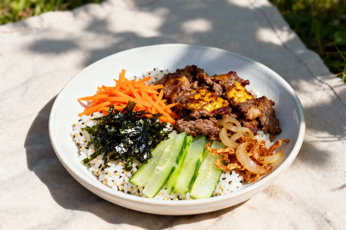 Bol de riz avec bœuf grillé, carottes, concombre, oignons frits, feuilles de nori, à l'extérieur.