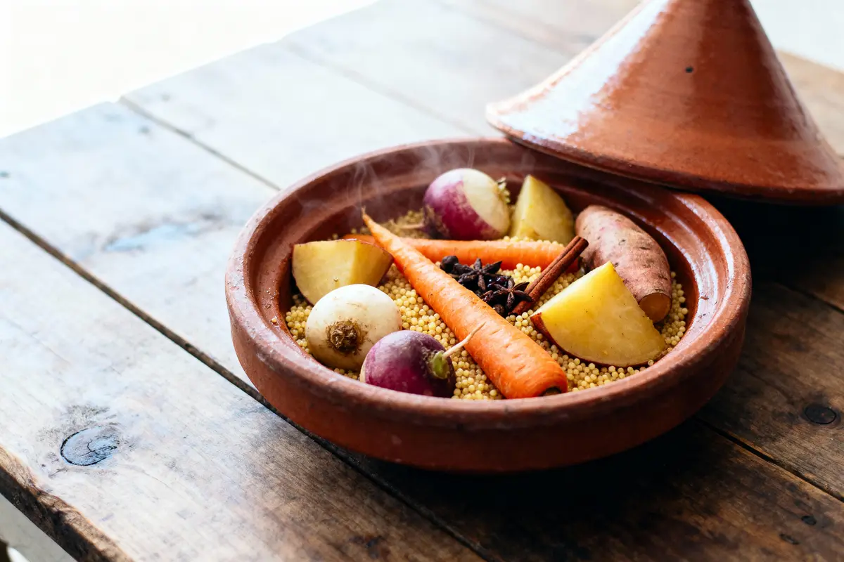 Tajine en terre cuite avec légumes, épices et couscous sur table en bois. Légumes : carottes, navets, pommes de terre.