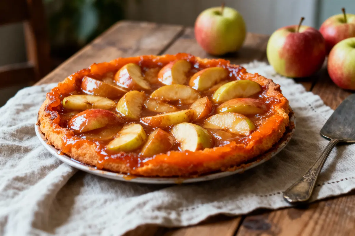 Tarte Tatin aux pommes sur nappe blanche, pommes entières en arrière-plan, servie sur une table en bois.