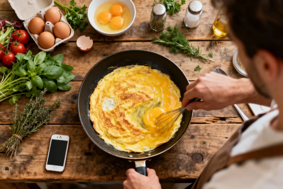 Personne préparant une omelette dans une poêle, ingrédients et herbes sur une table en bois.
