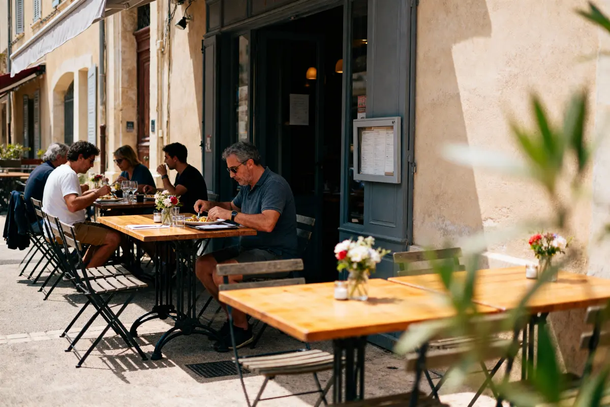 Des personnes déjeunent en terrasse d'un café au décor méditerranéen, avec fleurs sur les tables.