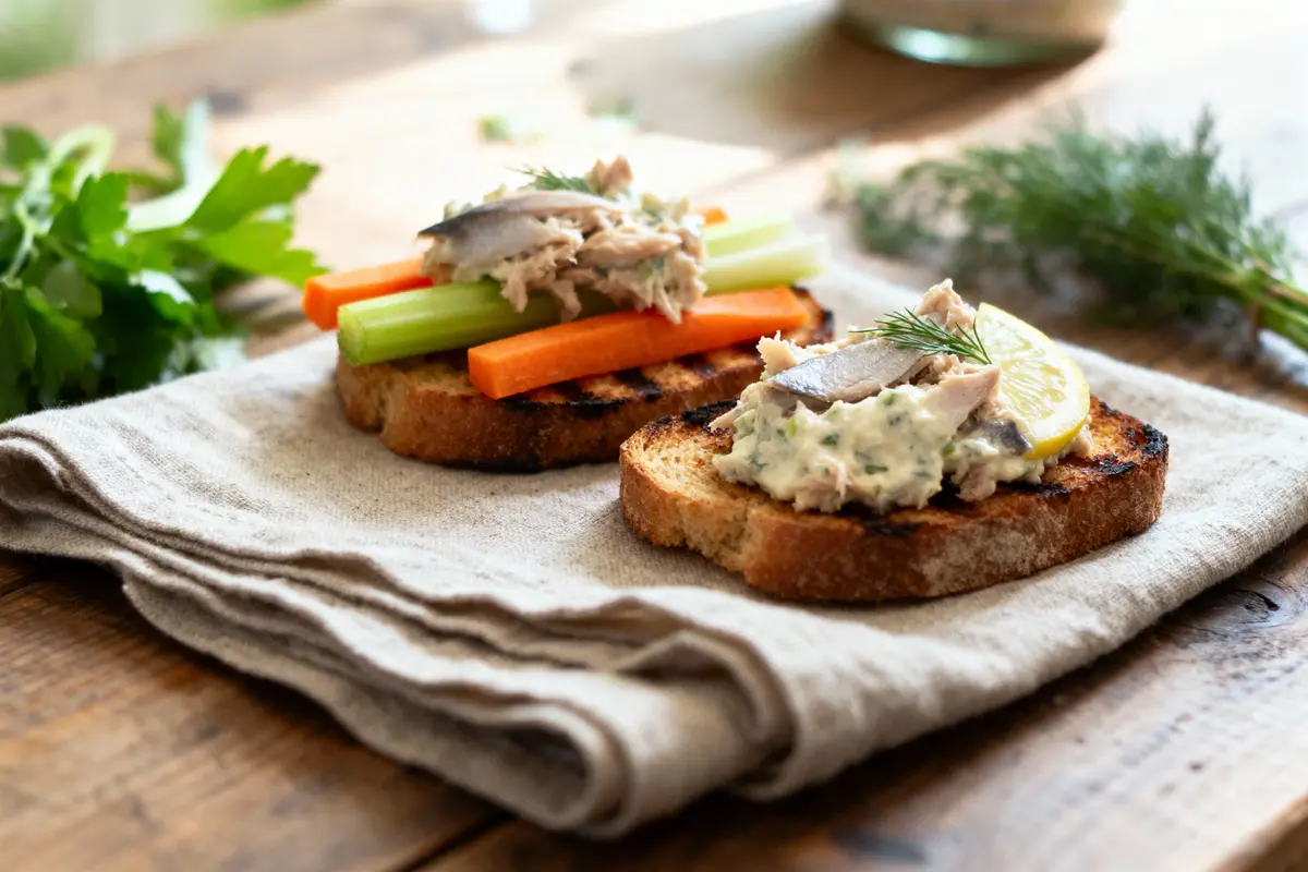Deux toasts avec légumes, poisson, crème et citron sur une serviette, herbes en arrière-plan, ambiance rustique.