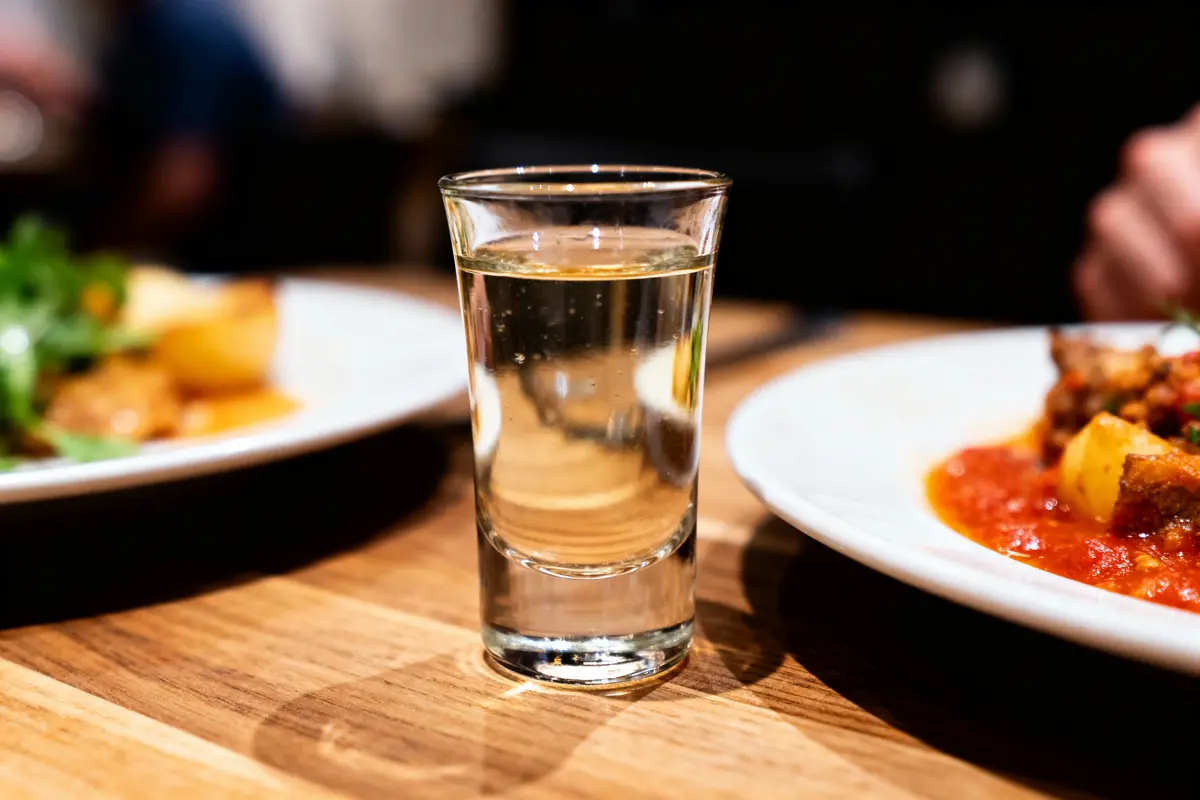 Verre de boisson alcoolisée entre deux assiettes de nourriture sur une table en bois.